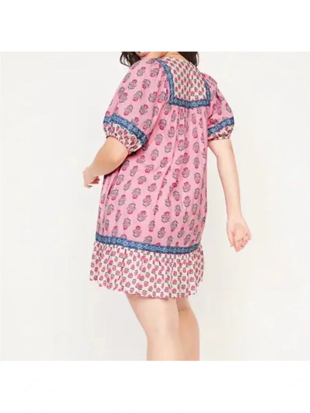 Old Navy Pink Floral Printed Smock Dress with Blue Trim